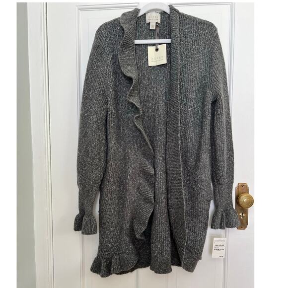 NEW Hinge Women's S Knit Blend Cardigan Gray Ruffle Long Line Sweater Casual - Picture 15 of 15